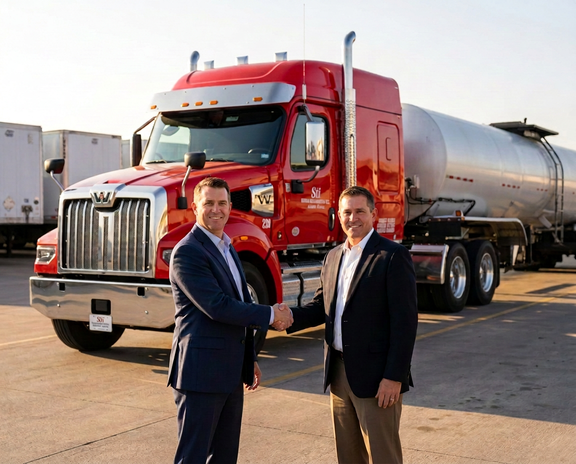 Two people shaking hands in front of a red Skinner Transportation truck
